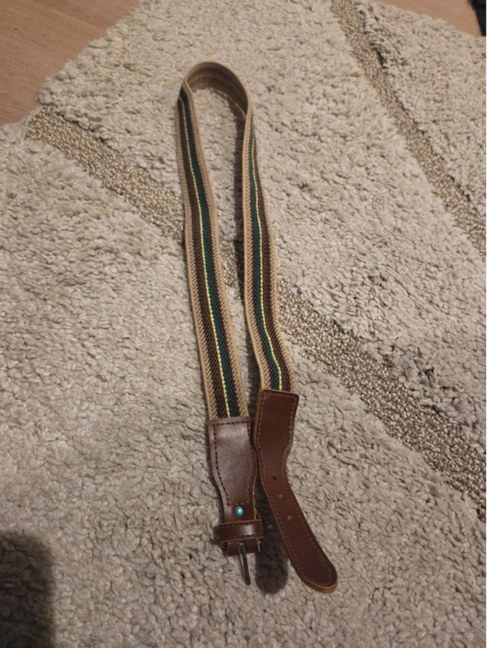 Vintage striped canvas and brown leather belt